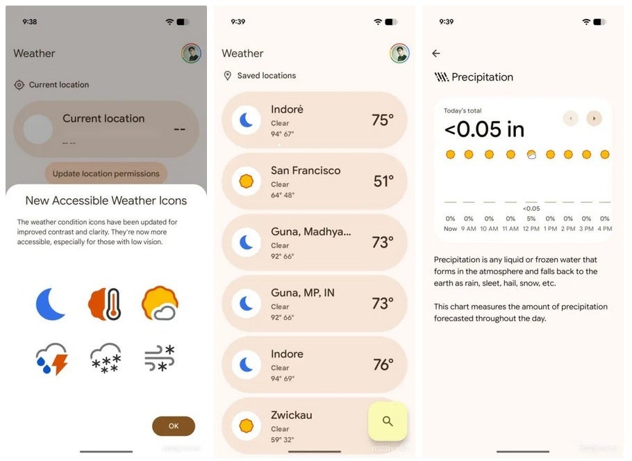 Screenshots show updated Pixel Weather app.