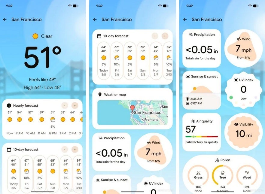 Screenshots show another look of the updated Pixel Weather app.