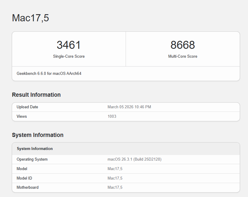 मैकबुक नियो | के सिंगल और मल्टी-कोर स्कोर की गीकबेंच लिस्टिंग गीकबेंच द्वारा छवि - ऐप्पल का आश्चर्यजनक $599 मैक अभी गीकबेंच पर दिखाई दिया - और परिणाम समझ में आए