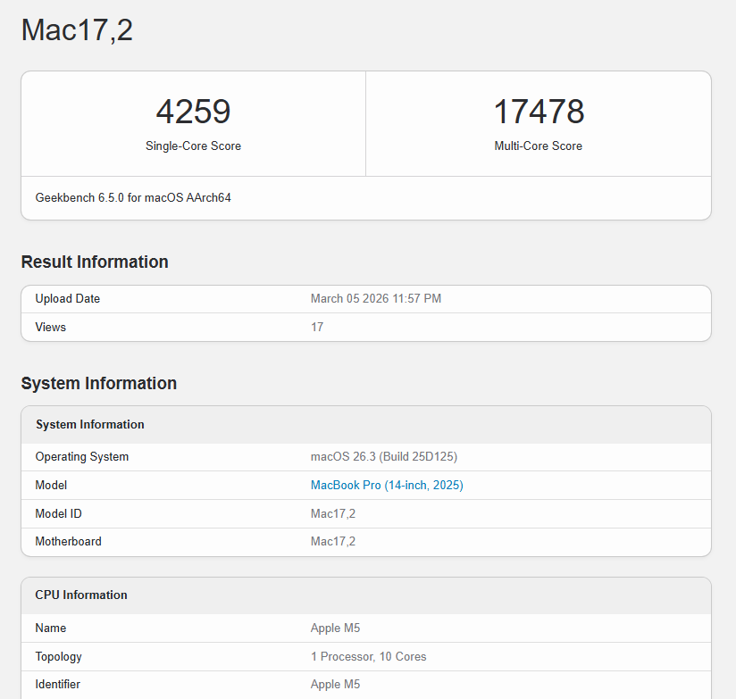 गीकबेंच पर मैकबुक प्रो एम5 की लिस्टिंग | गीकबेंच द्वारा छवि - ऐप्पल का आश्चर्यजनक $599 मैक अभी गीकबेंच पर दिखाई दिया - और परिणाम समझ में आए