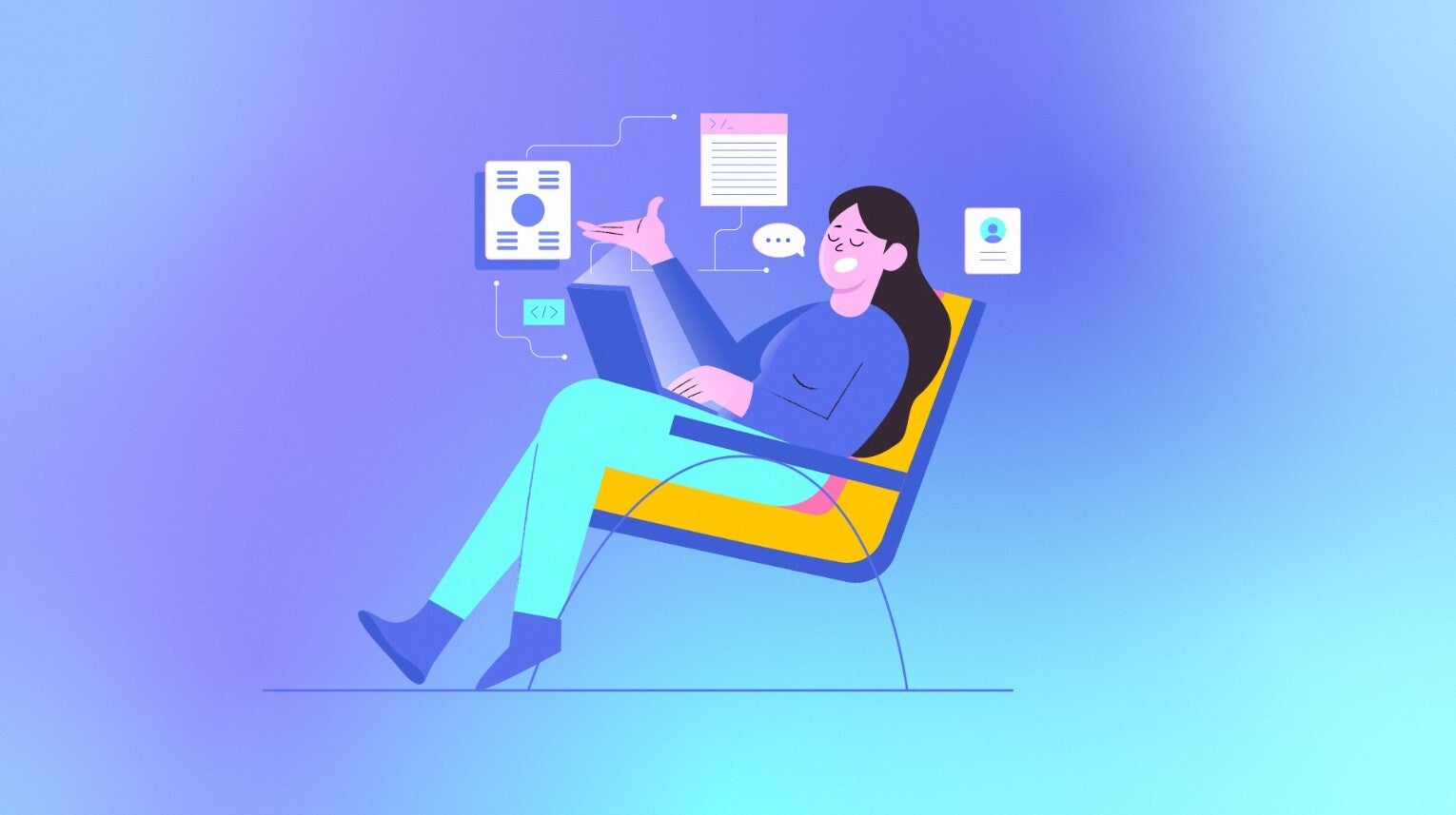 Minimal illustration of woman sitting on a chair.