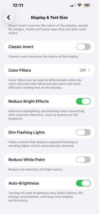 The newly renamed Accessibility listing does what its name suggests it does, which is reduce bright lights. | Image by PhoneArena - Check out all the changes in iOS 26.4 Beta 4, and yes, Siri 2.0 quietly broke an Apple record