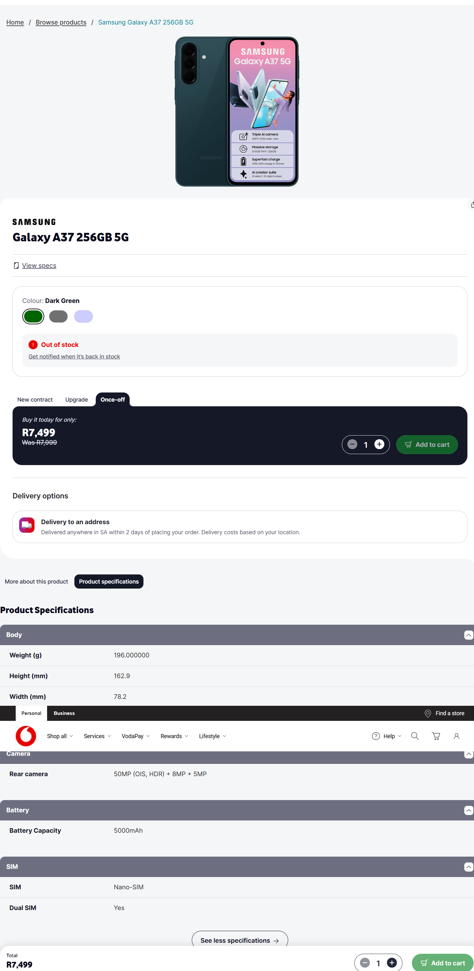 वोडाकॉम की गैलेक्सी A37 की लिस्टिंग&nbsp; | वोडाकॉम द्वारा छवि - सैमसंग जो नहीं चाहता था कि आप उसे देखें वह पहले से ही एक वाहक पर सूचीबद्ध है