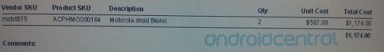 Note that the unit cost of each Motorola DROID Bionic shows a price of $587 - Motorola DROID Bionic priced at $587 off-contract with possible August 26th launch?