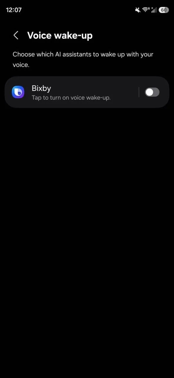 Galaxy S26 voice wake-up settings showing Bixby toggle