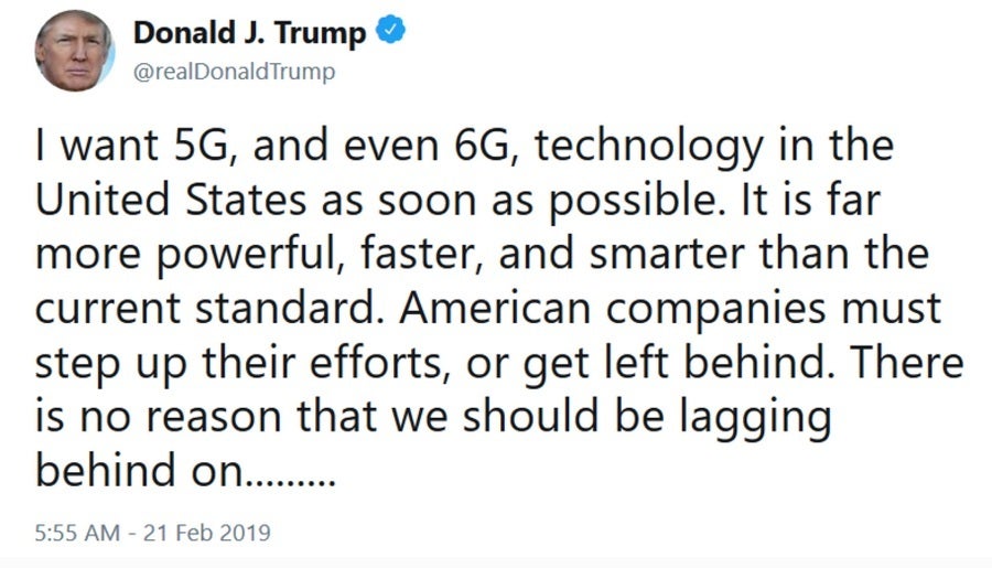 Tweet by Trump from 2019 discussing 6G and the U.S.