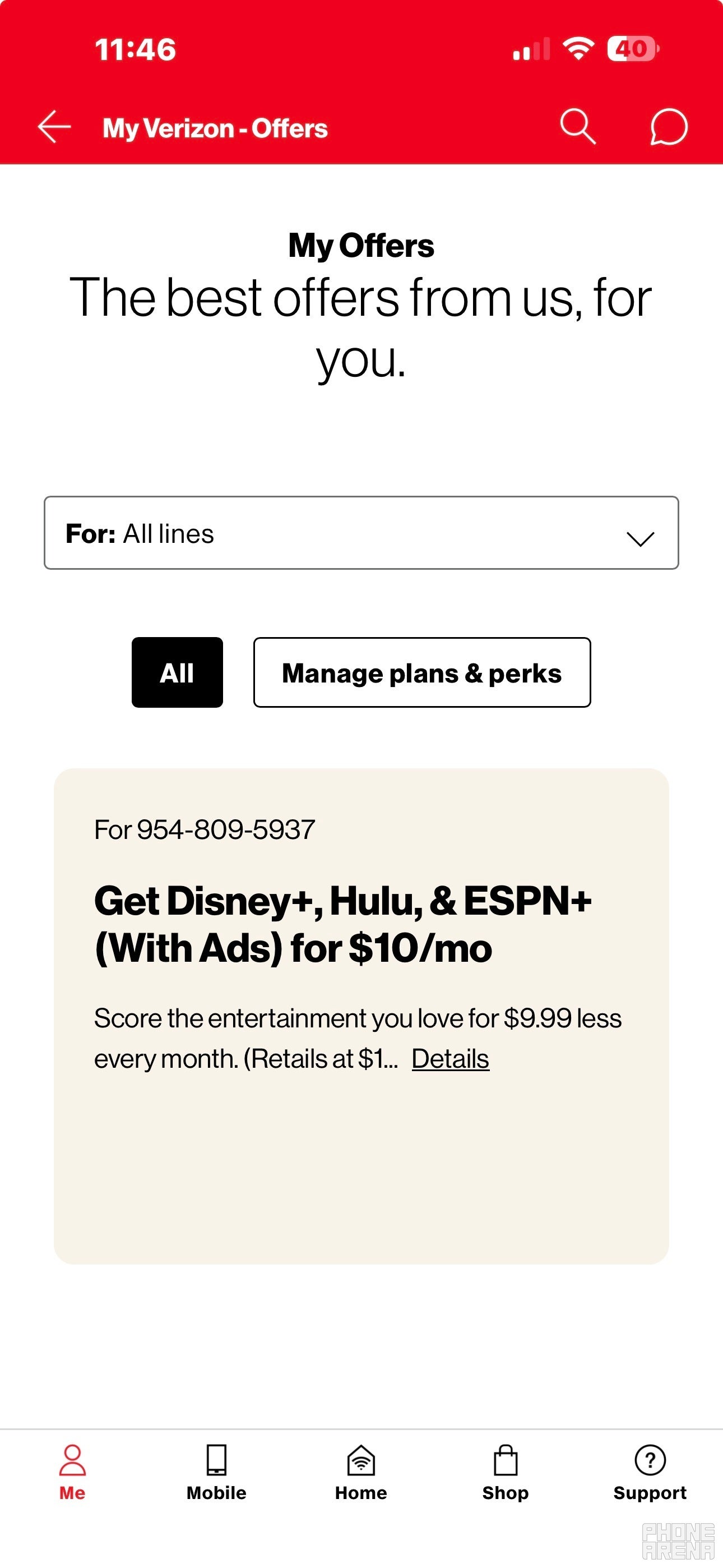 Screenshot shows page from the My Verizon app.