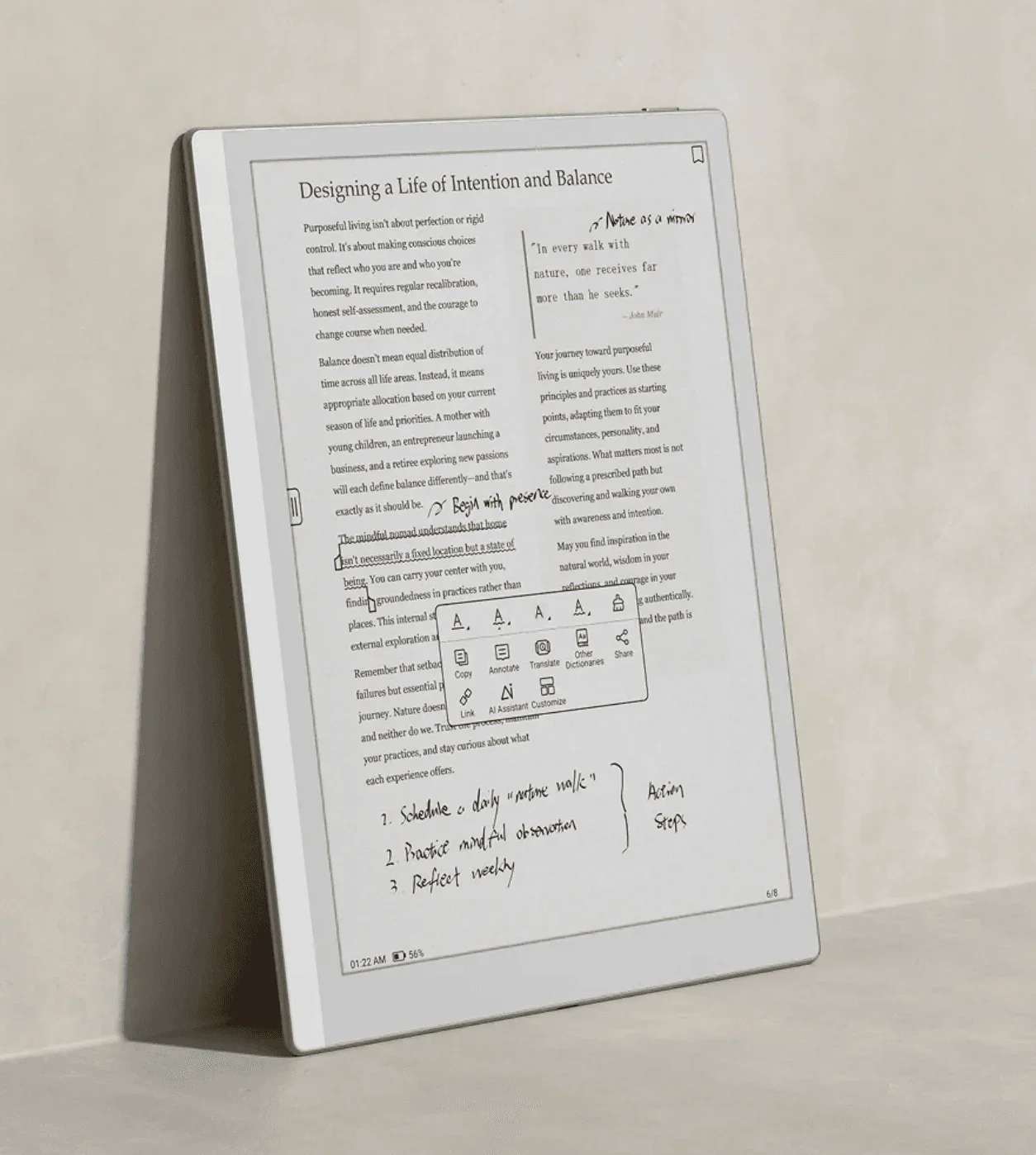 A white E Ink tablet.