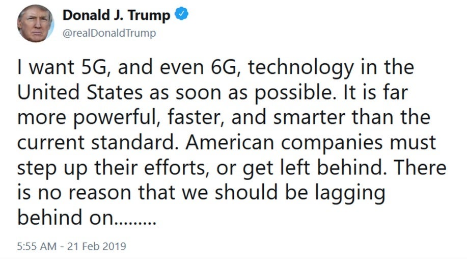 President Trump tweets about 6G back in 2019. | Image by X - Qualcomm: Trump Administration wants three 6G phones ready for L.A. Olympics in 2028