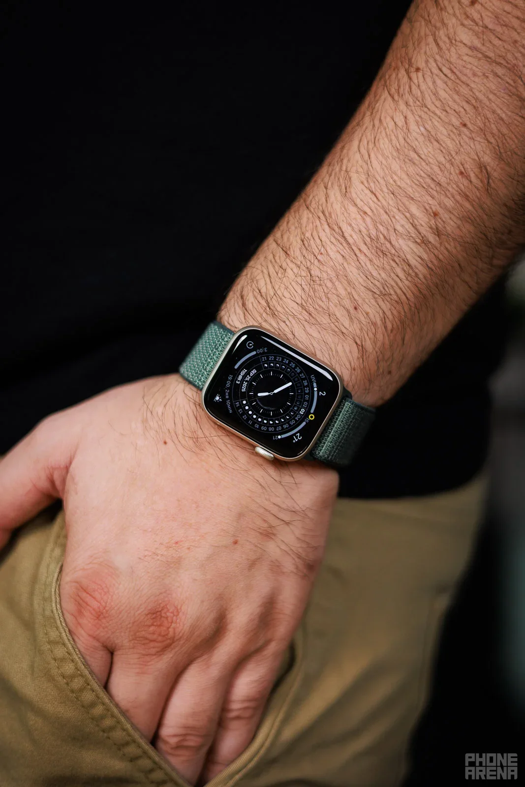 A person&amp;#039;s arm with an Apple Watch.