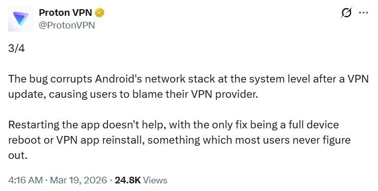 Proton VPN post about Android bug.