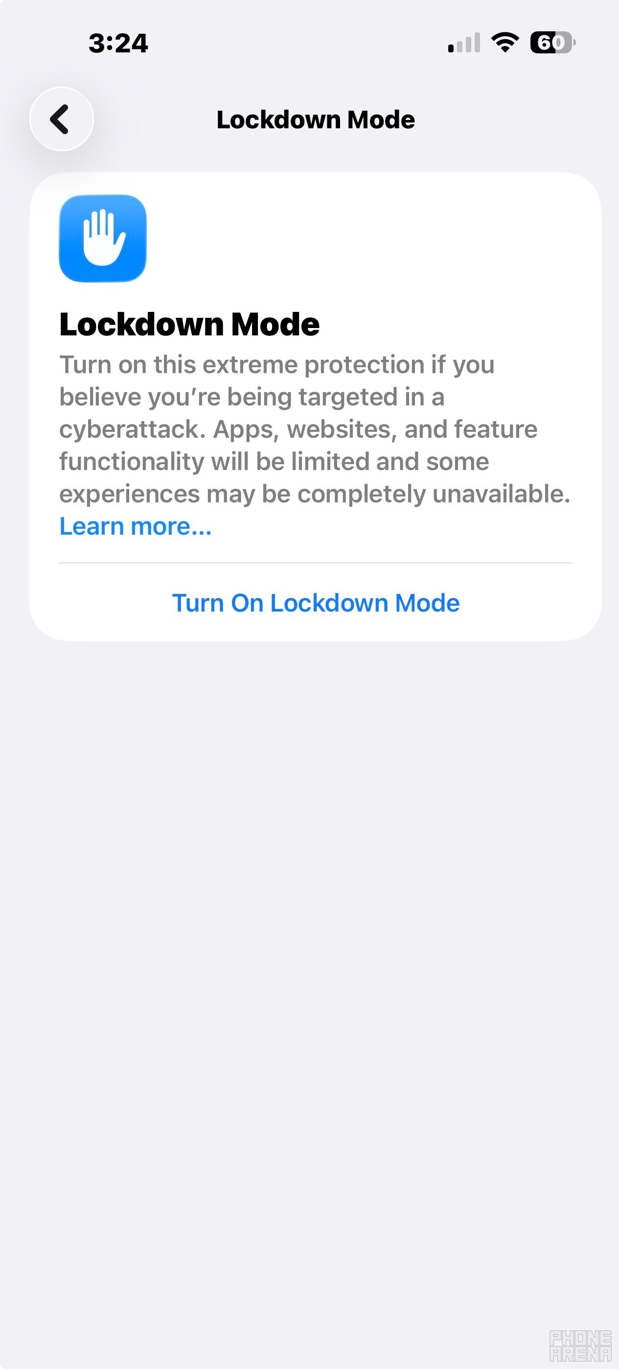 Screenshot explains Lockdown Mode for the iPhone.