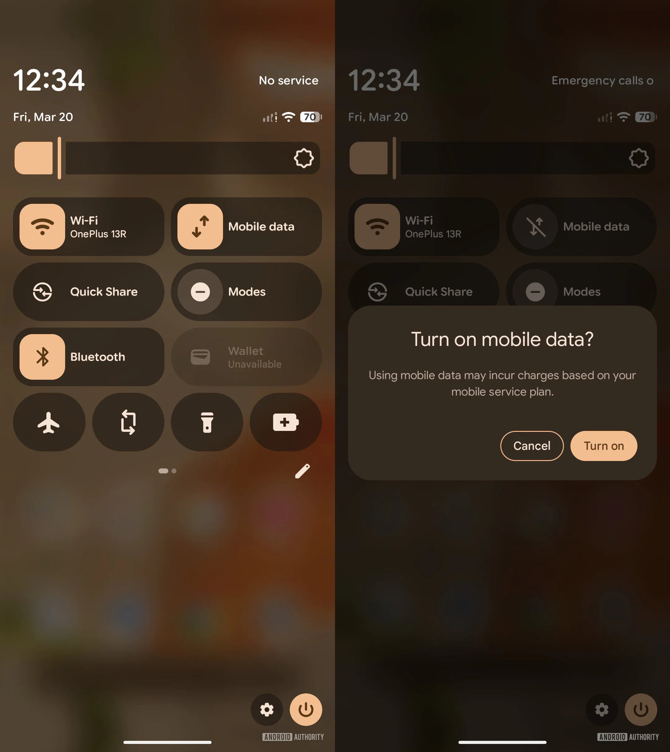 Separate tiles for mobile data and Wi-Fi. 
