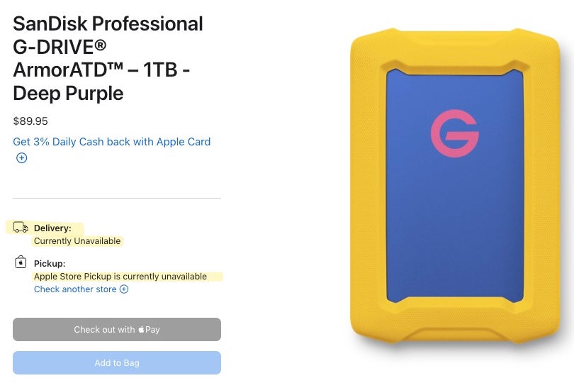 Screenshot from Apple store with out of stock external drive