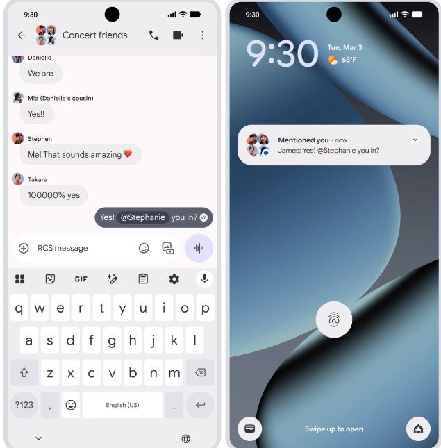 You can now use the @ button to notify someone mentioned in one of your RCS chats. | Image by 9to5Google - Two new features are officially announced today for the Google Messages app