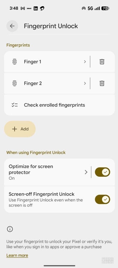 Screen-off Fingerprint unlock option in a Pixel phone.