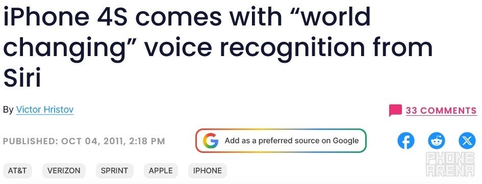 PhoneArena headline announcing the introduction of Siri with iPhone 4S.