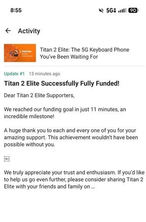 Screenshot of message from Unihertz about the Titan 2 Elite.