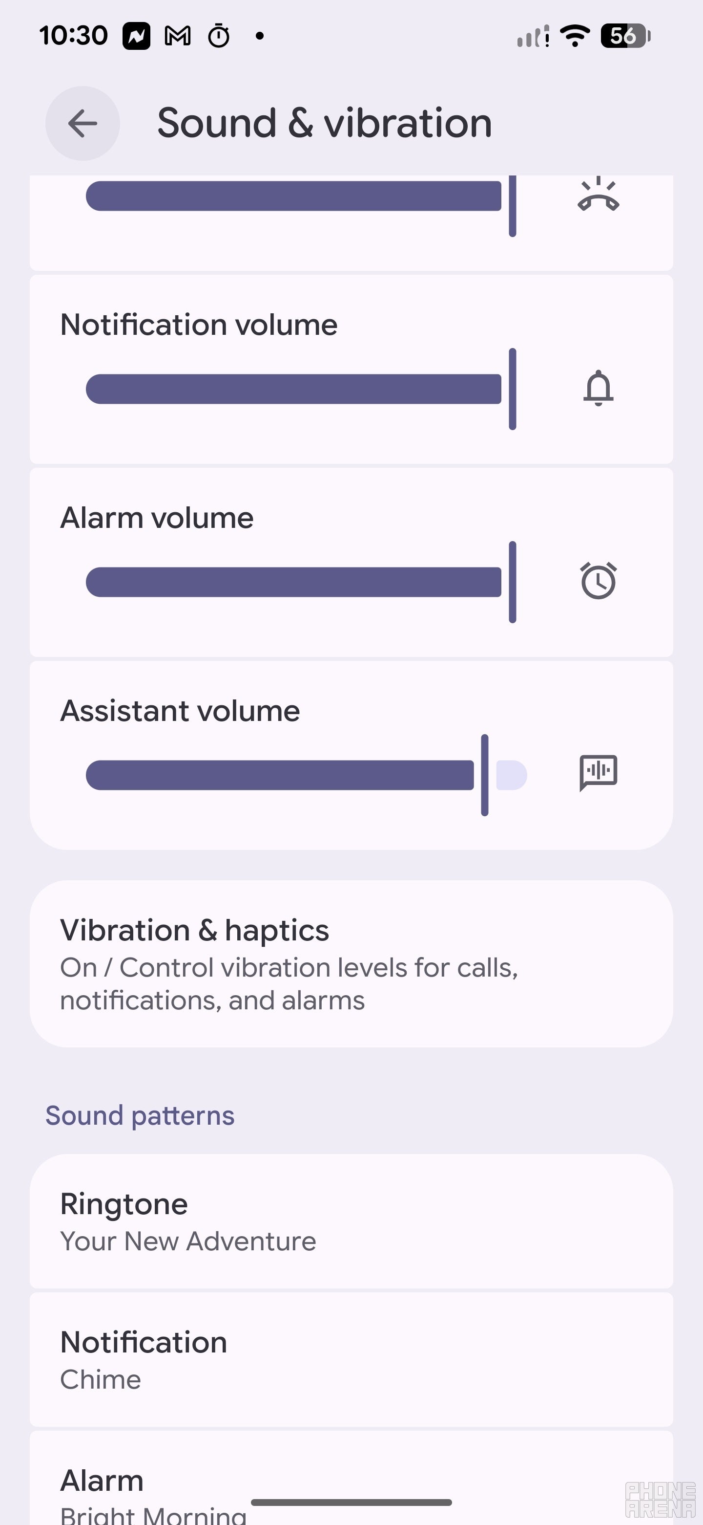 Screenshot shows new Assistant Volume settings.