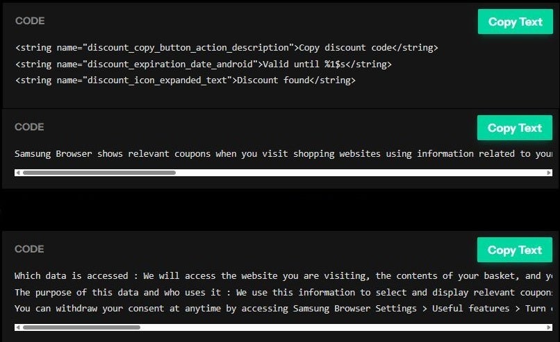 Code found in the leaked version of One UI 9 | Image by Android Authority - Samsung's new Smart Browsing feature could help you save money