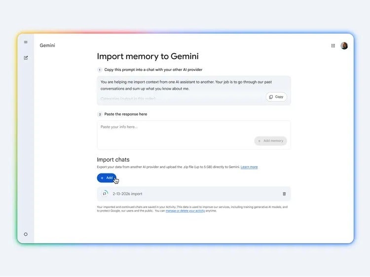 Google Gemini memory import feature