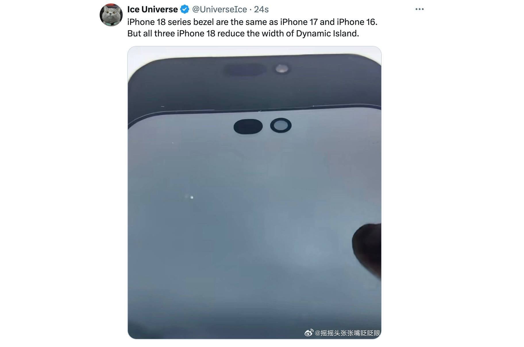 The iPhone 18's Dynamic Island has shrunk. | Image by Ice Universe - Considerably smaller iPhone 18 Dynamic Island showcased in leaked image