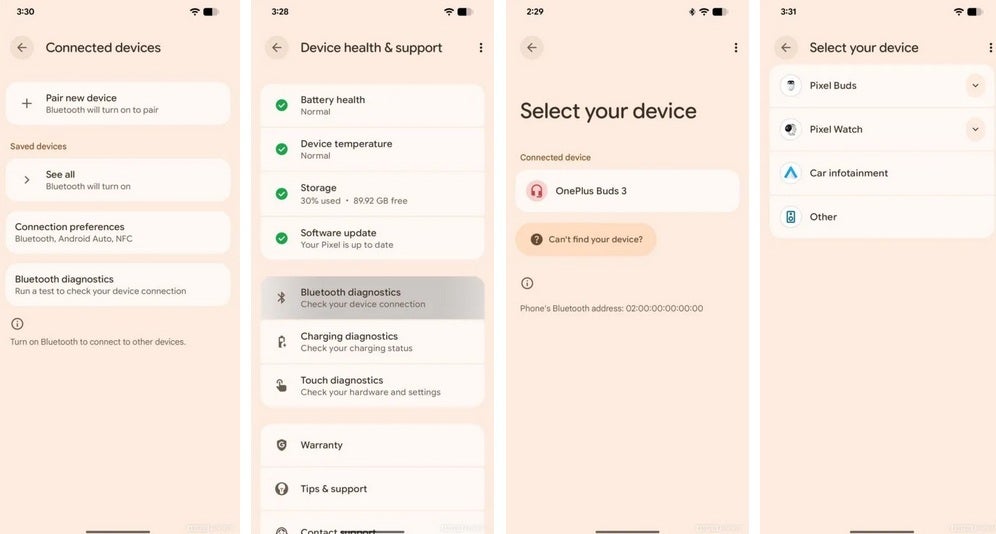 Screenshot shows Pixel diagnostic tests.