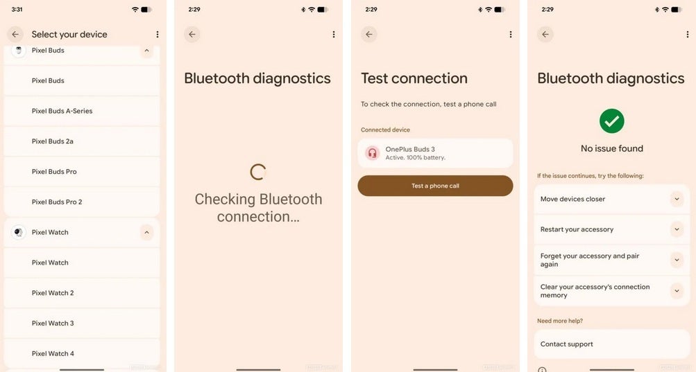 Screenshot shows new Pixel Bluetooth diagnostic test.