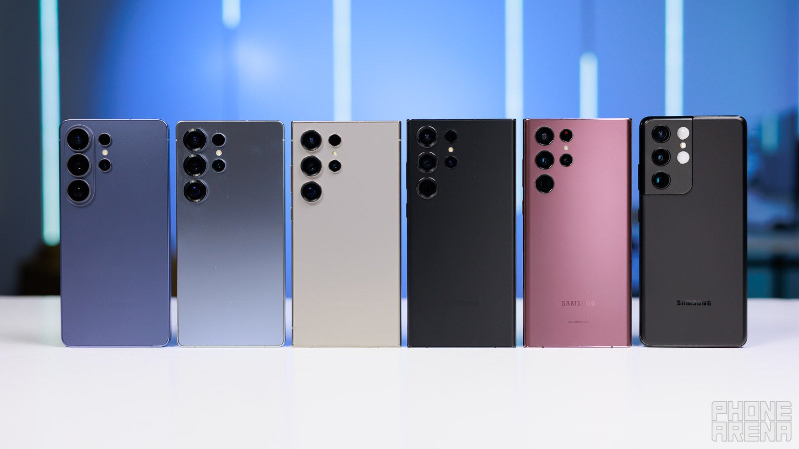 All the Samsung Ultra phones placed next to each other.