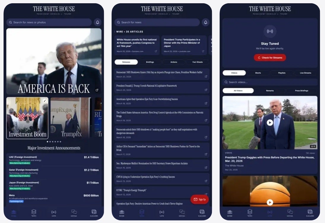 Screenshots of the new iOS White House app from the App Store.
