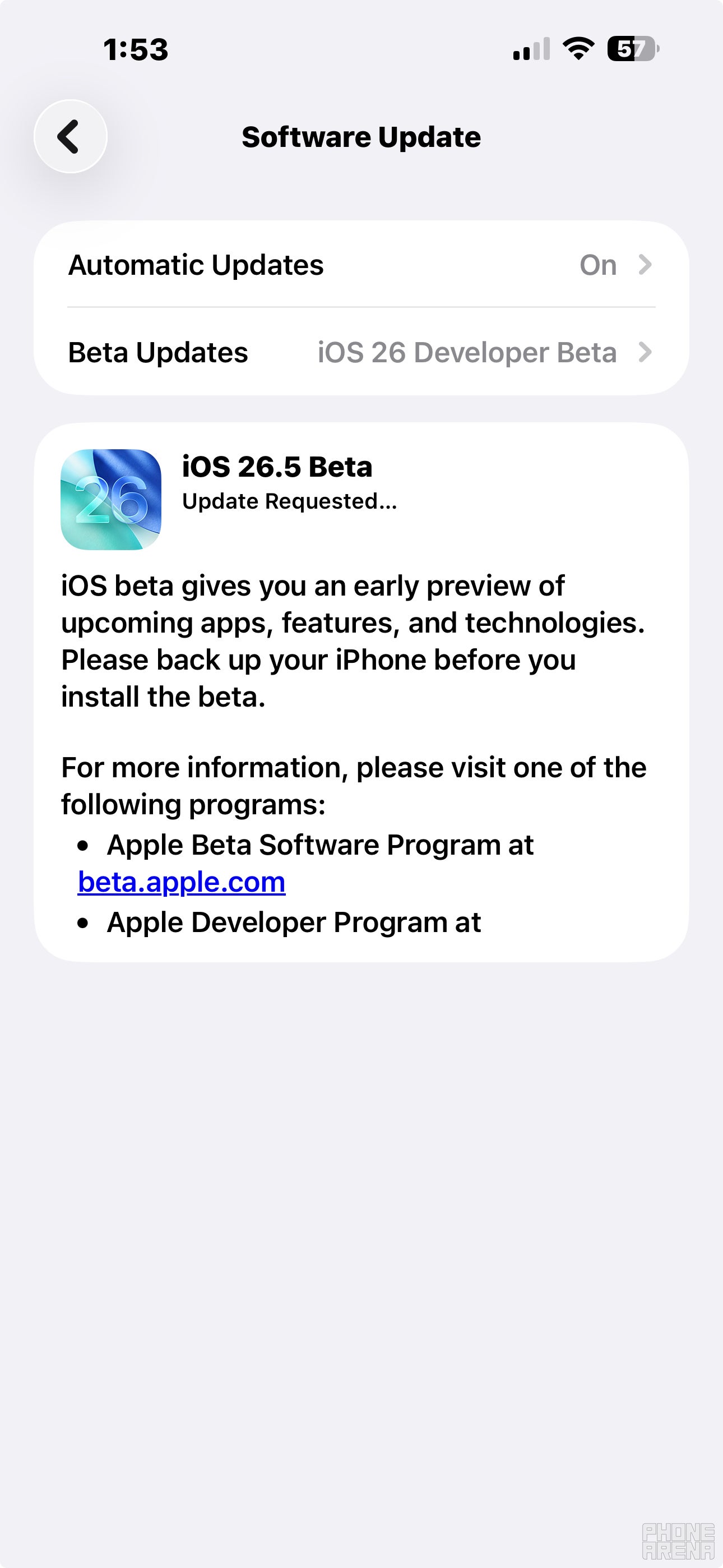 Screenshot showing iOS 26.5 Beta 1 prompt.