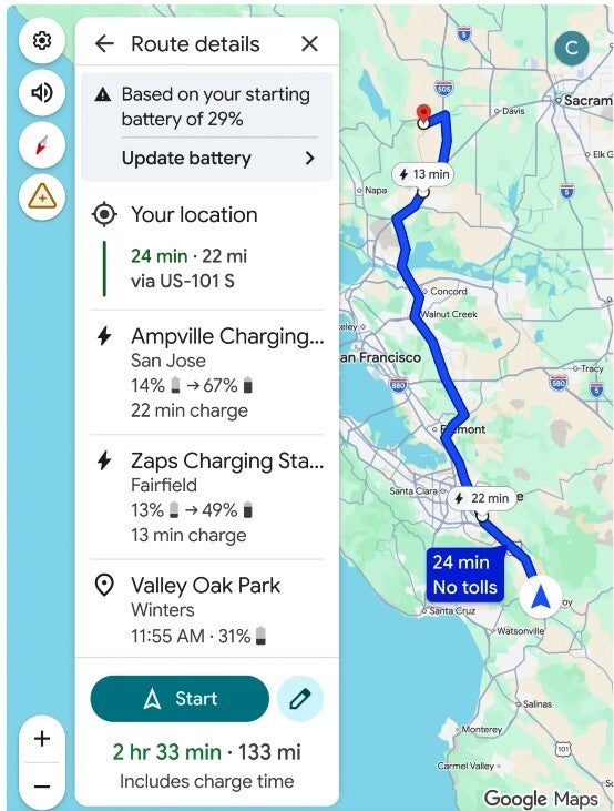 Screenshot of Google Maps AI-powered EV charging feature.