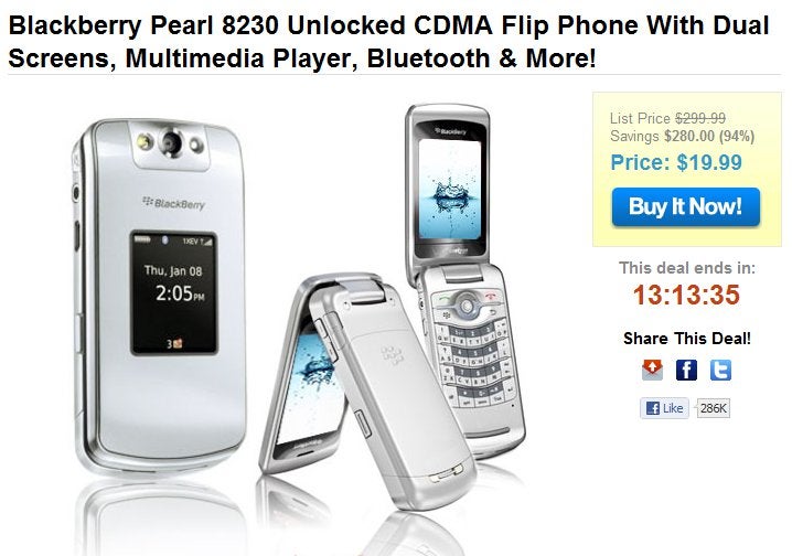 Unlocked Blackberry Pearl Flip 8230 is selling for a mere $19.99 outright