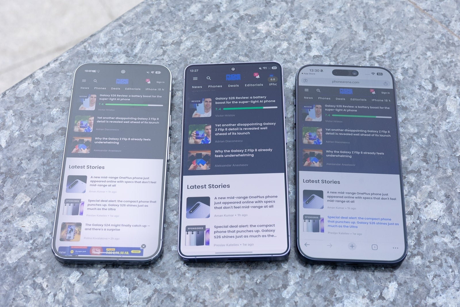 The S26 Ultra's anti-reflective display (in the middle) | Image by PhoneArena - Using a Galaxy S26 Ultra to vlog and edit an entire day