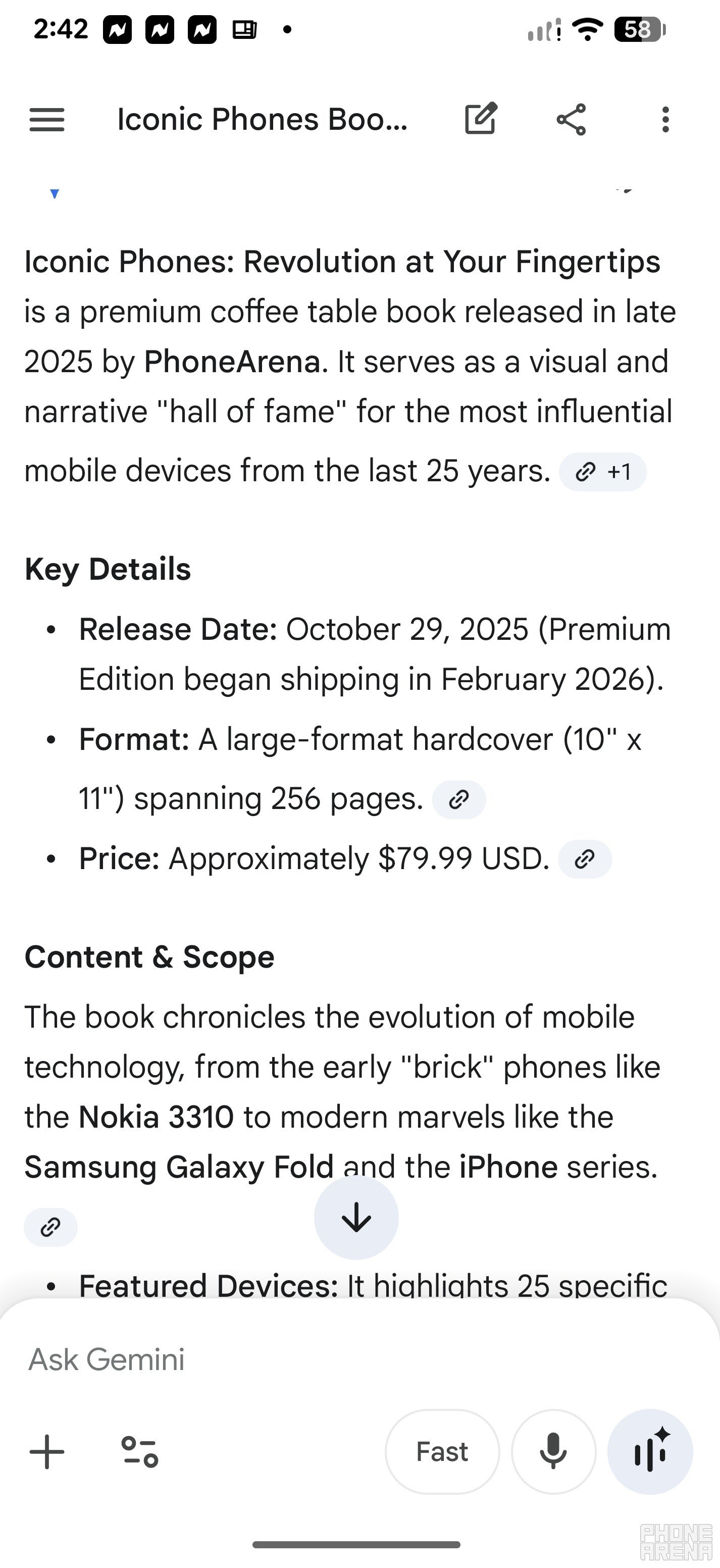 Example of the type of response you get from an AI chatbot like Google's Gemini. | Image by PhoneArena - Apple is reportedly testing a new feature for Siri 2.0