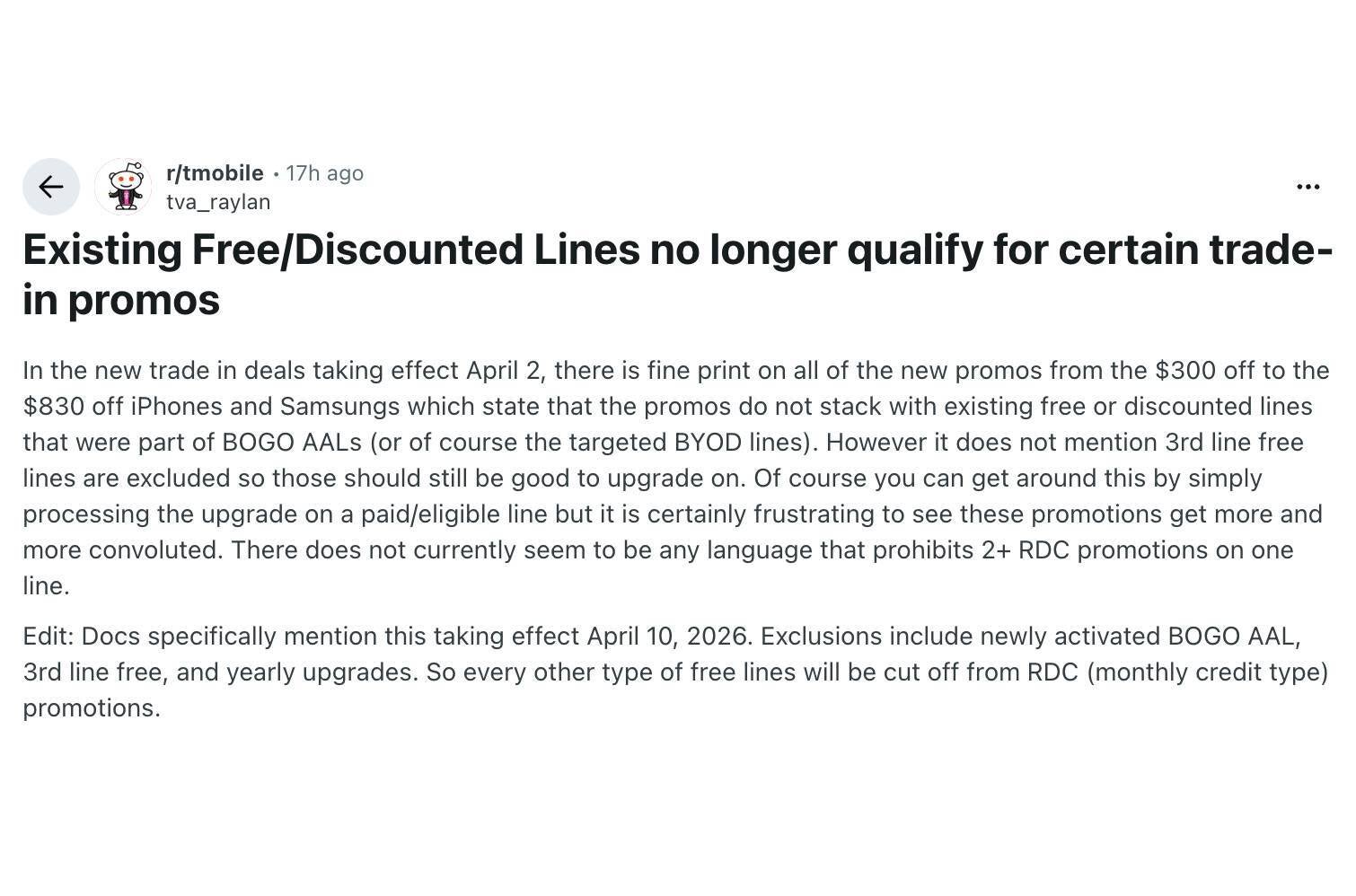 Most free T-Mobile lines will no longer qualify for device promotions. | Image by Reddit user tva_raylan - T-Mobile is about to test the limits of customer loyalty