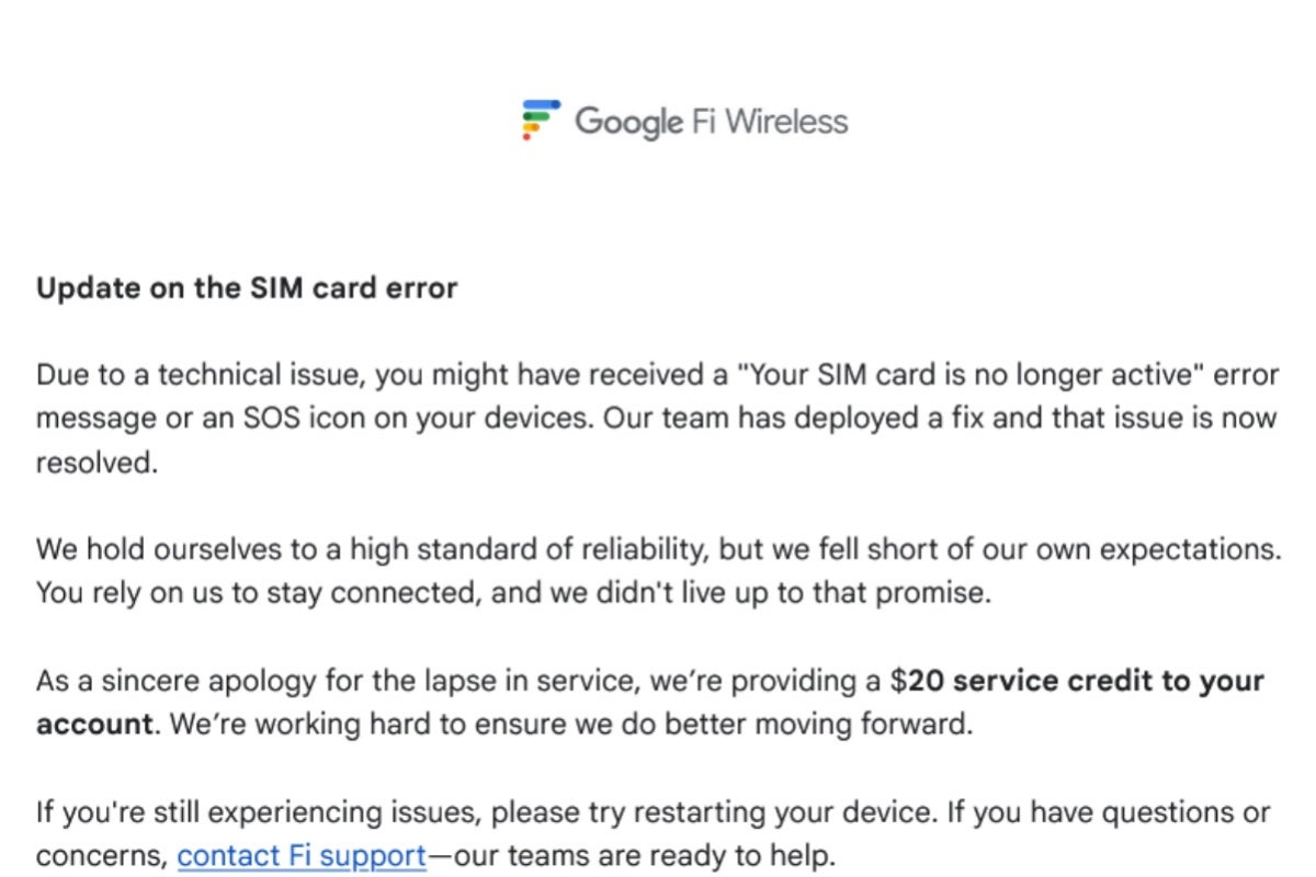 Email confirmation for Google Fi outage credits