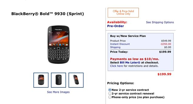 Walmart is taking pre-orders for the BlackBerry Bold 9930 at a discount to Sprint&#039;s price tag - Walmart puts a $199.99 price tag on the BlackBerry Bold 9930 for new Sprint customers