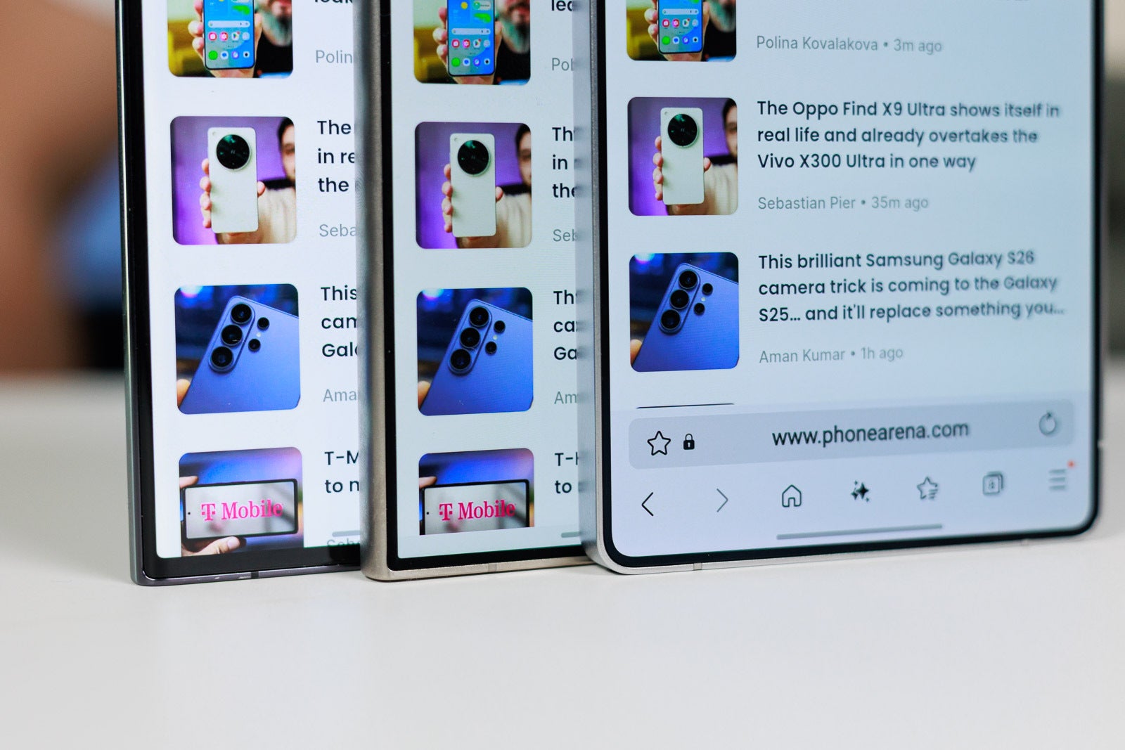 Bezel changes from S23 Ultra (left) to S24 Ultra (middle) to S25 Ultra (right) | Image by PhoneArena - Galaxy S26 Ultra: here's how Samsung's flagship design evolved over the years