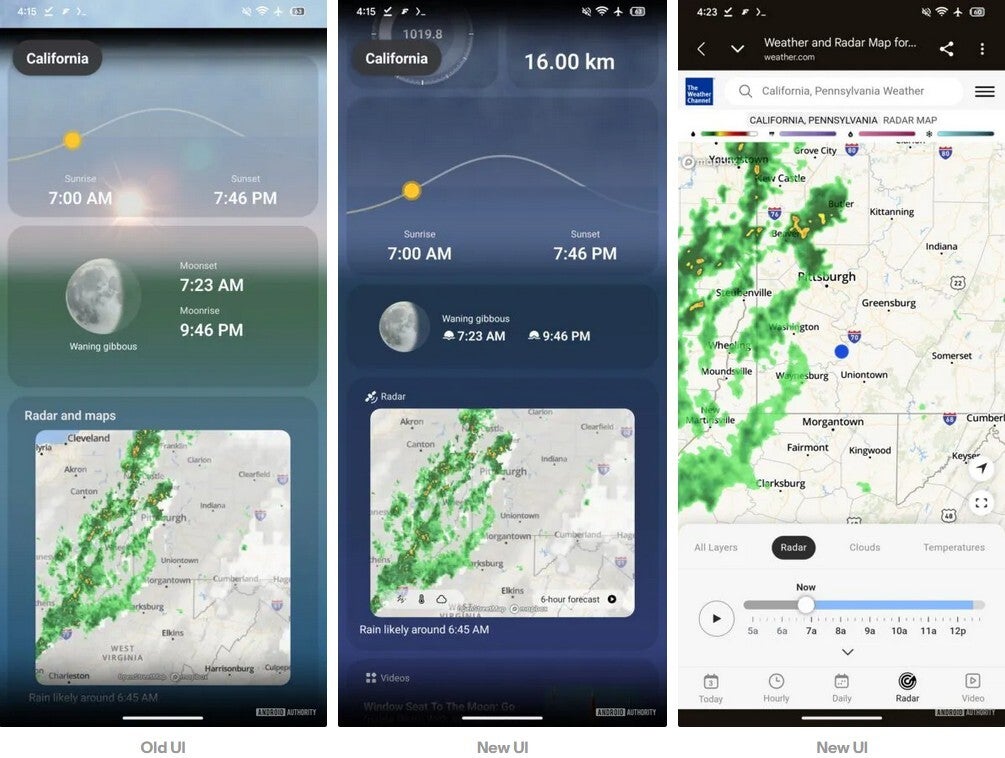Previous UI on the left, updated UI in the middle and right for the Samsung Weather app. | Image by Android Authority - Galaxy device users can check out these changes made to the Samsung Weather app
