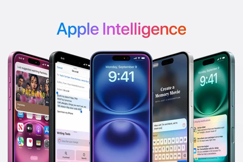 Apple Intelligence promotional image showing five iPhones displaying various AI features