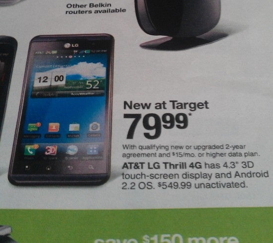 The LG Thrill 4G appears in a Target circular priced at $79.99 with a 2-year contract - Target circular shows LG Thrill 4G with $79.99 price tag