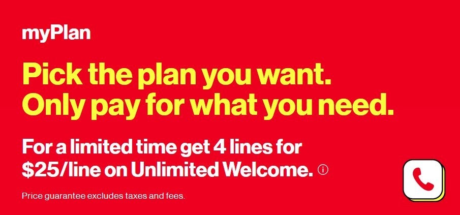 Verizon promotes its $25/line per month deal for four lines.