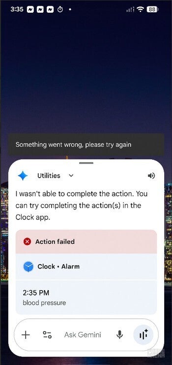 Screenshot shows Gemini stating that an alatm setting has failed even though it was set in the Clock app.