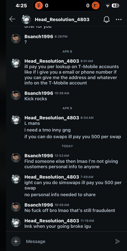 Screenshot of shocking text received by T-Mobile rep.