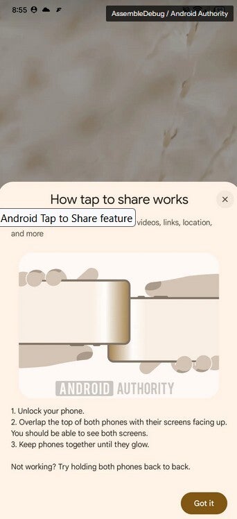 Screenshot shows possible Tap to Share card for Android users.