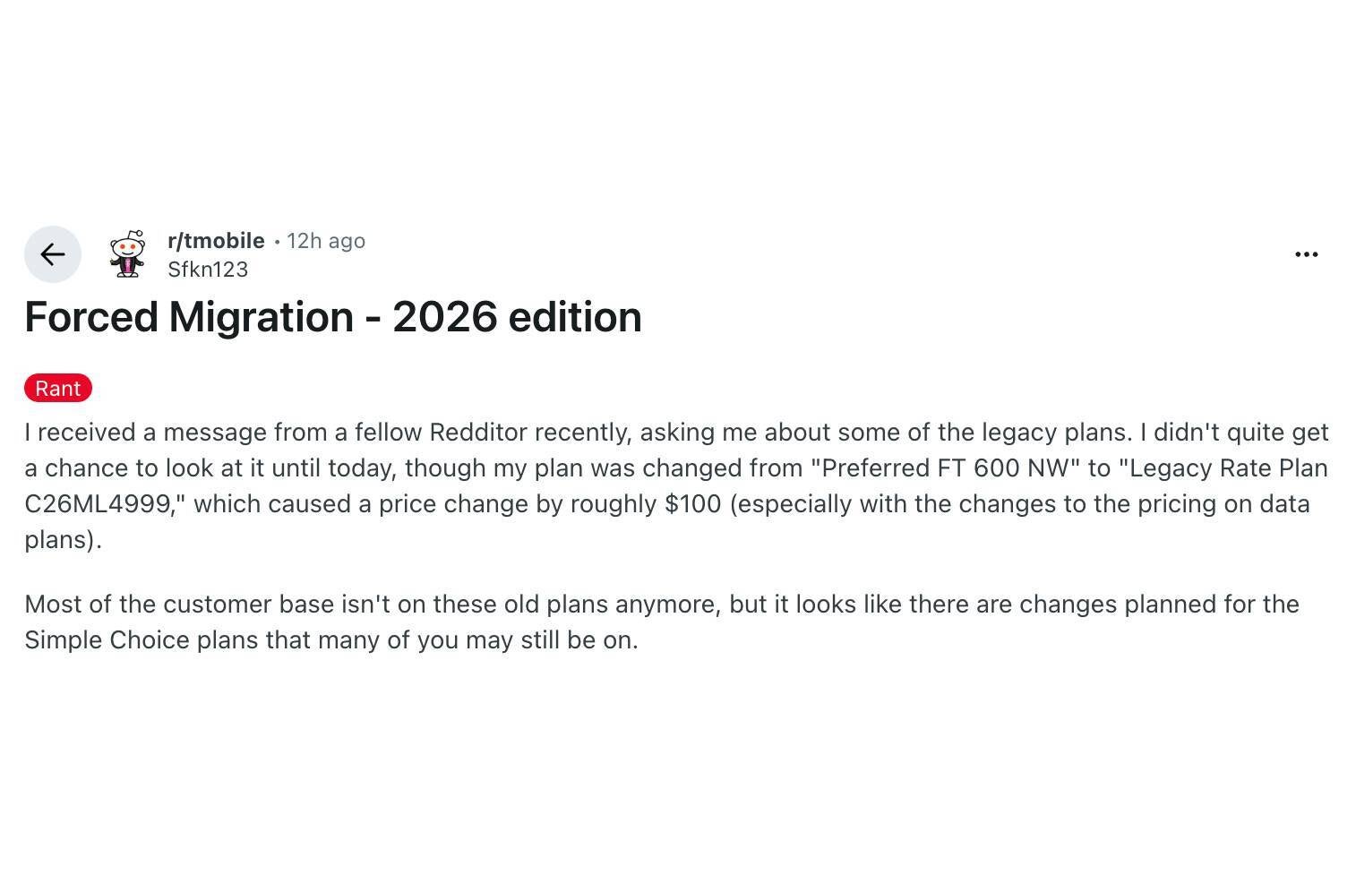 T-Mobile wants customers to give up old plans. | Image by Reddit user Sfkn123 - T-Mobile appears to be forcing customers off legacy plans