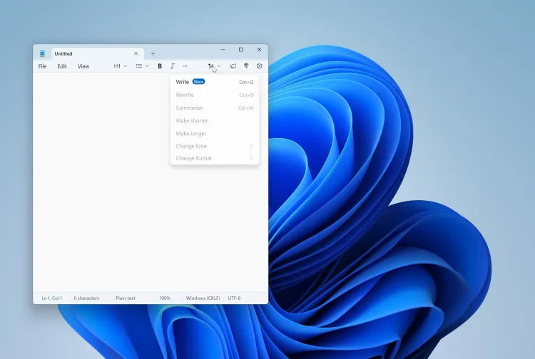 New writing tools button in Notepad.
