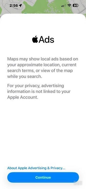 Screenshot shows Apple's Popup notification about ads coming to the Maps app.  | Image by PhoneArena - Apple releases iOS 26.5 Beta 2 confirming new features for Maps while fixing Messages bug