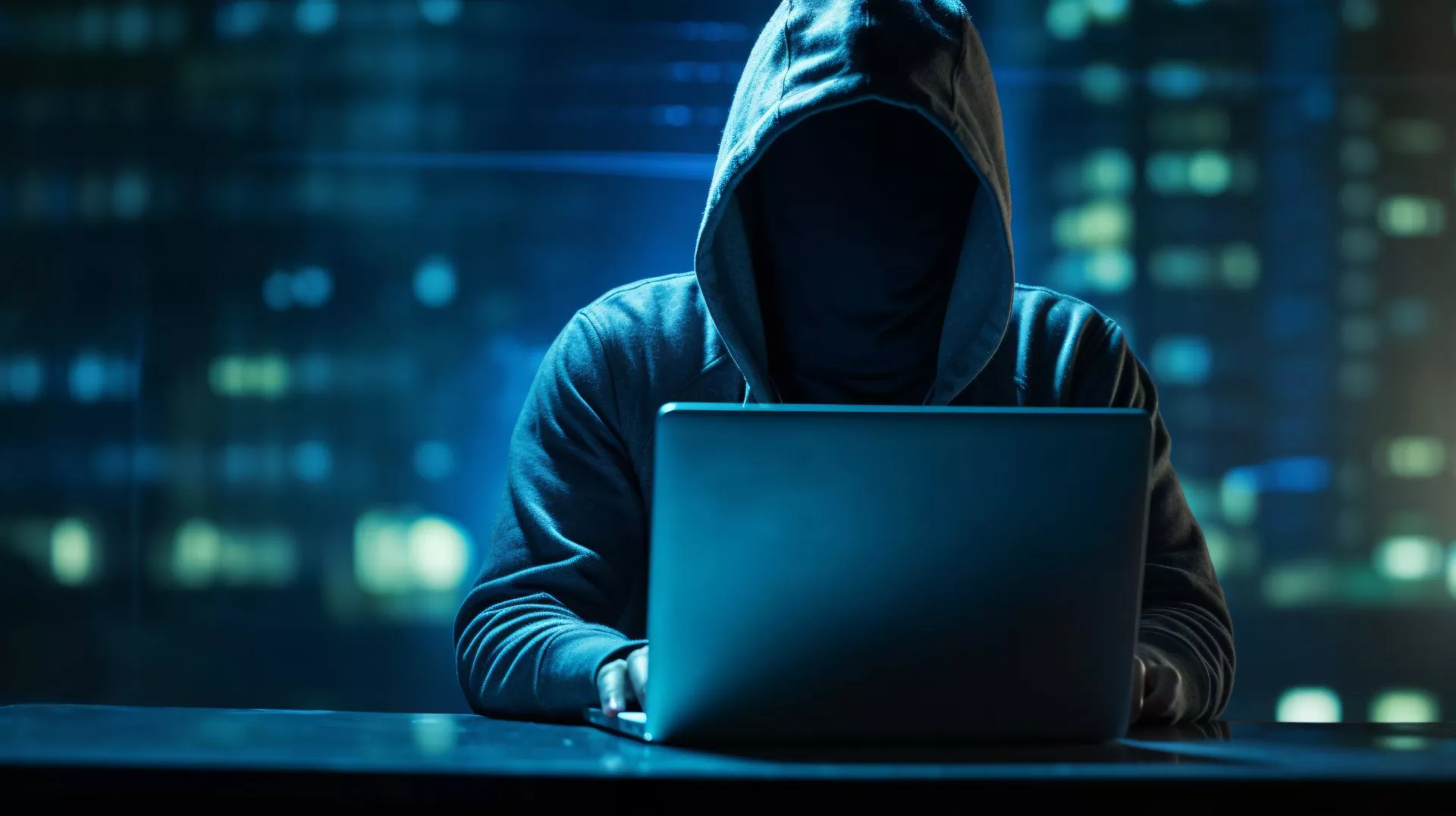 Hacker with hoodie on a computer.
